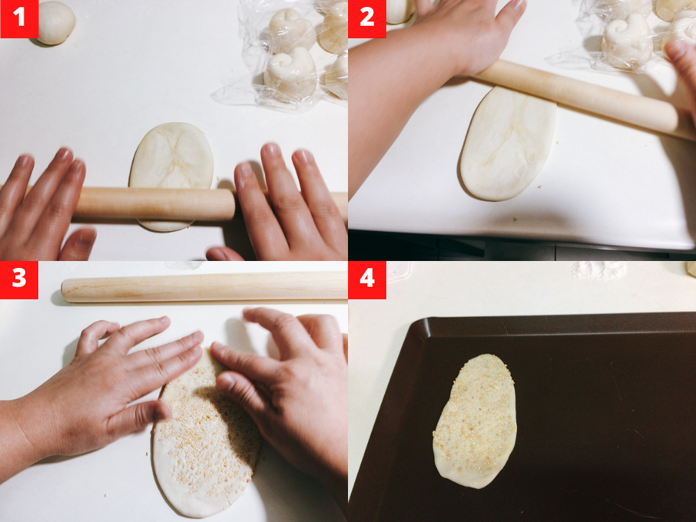 Use a rolling pin to plate the sesame dough into half-inch thick