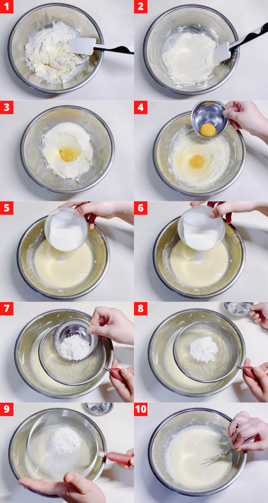 Add eggs, egg yolk, cream cheese, sugar, and cake flour in a mixing bowl